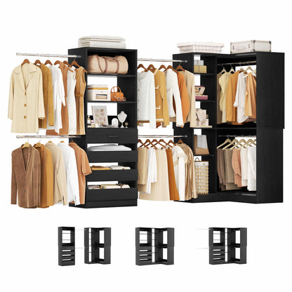 58"-152" Freestanding Closet System, Wardrobe Organizer with Drawers & Shelves, Corner Storage Unit for Bedroom/Living Room