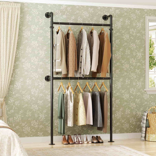 3.5FT Wall Mounted Industrial Pipe Clothing Rack, Heavy Duty & Reversible Garment Rack for Closet, Small Walk-in Wardrobe System