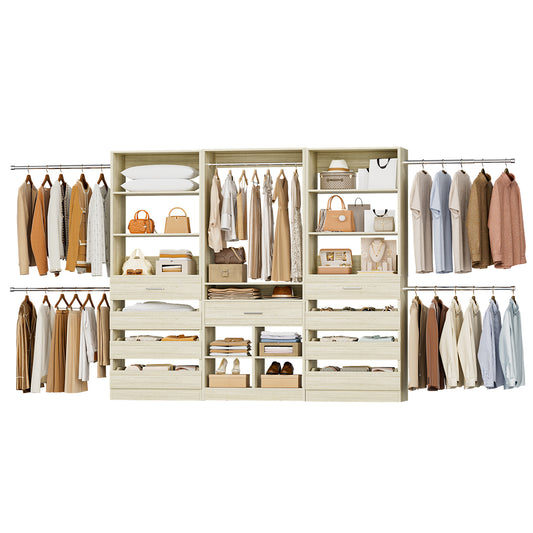 3 sets Wardrobe Closet - Two Adjustable Wooden Closet Systems with 8 Drawers & 8 Hanging Rods and One Freestanding Tower with 4 Cubby Storage