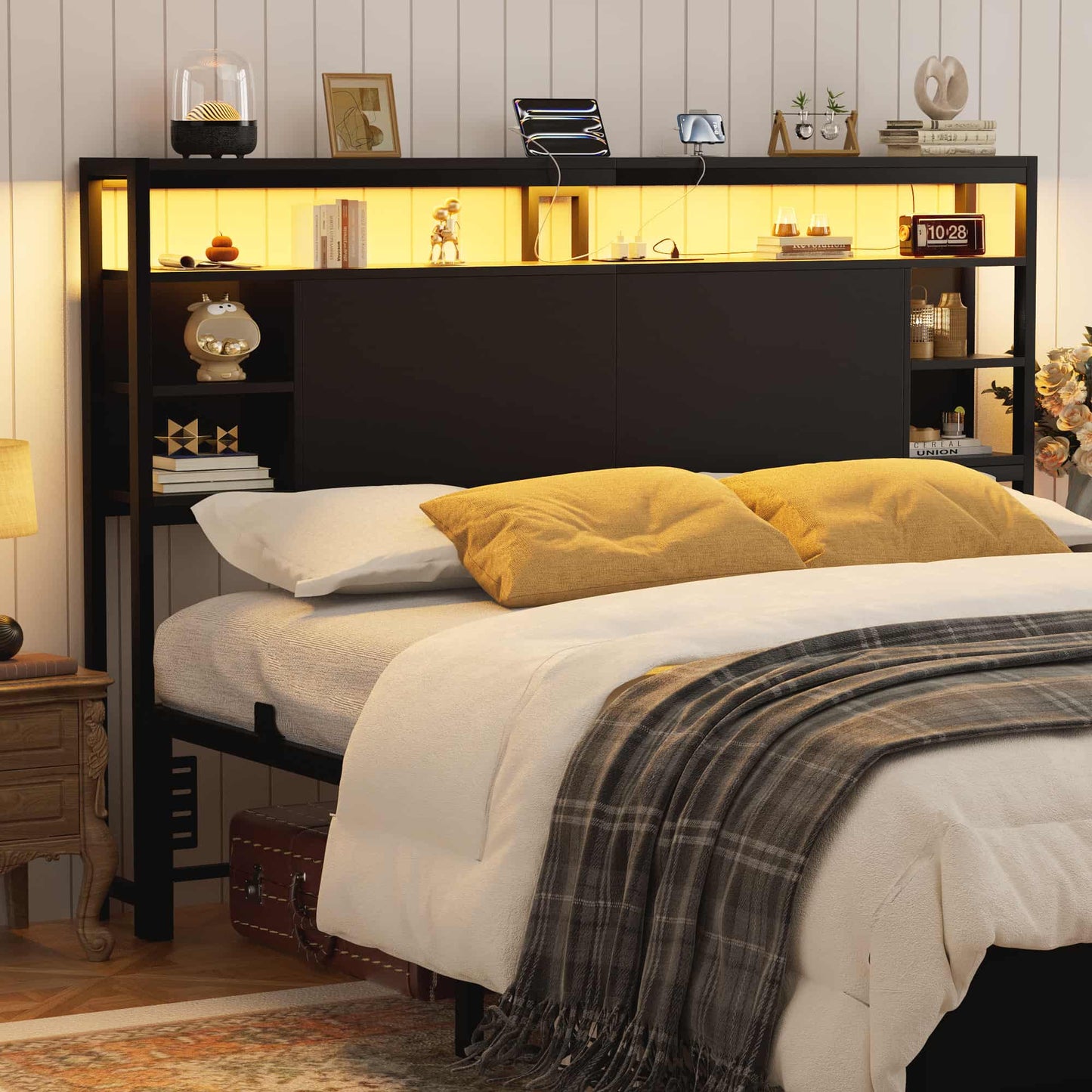 Queen Headboard with Storage, Headboards with Power Outlets and Smart LED Light, Sturdy Head Board for Queen Size Bed