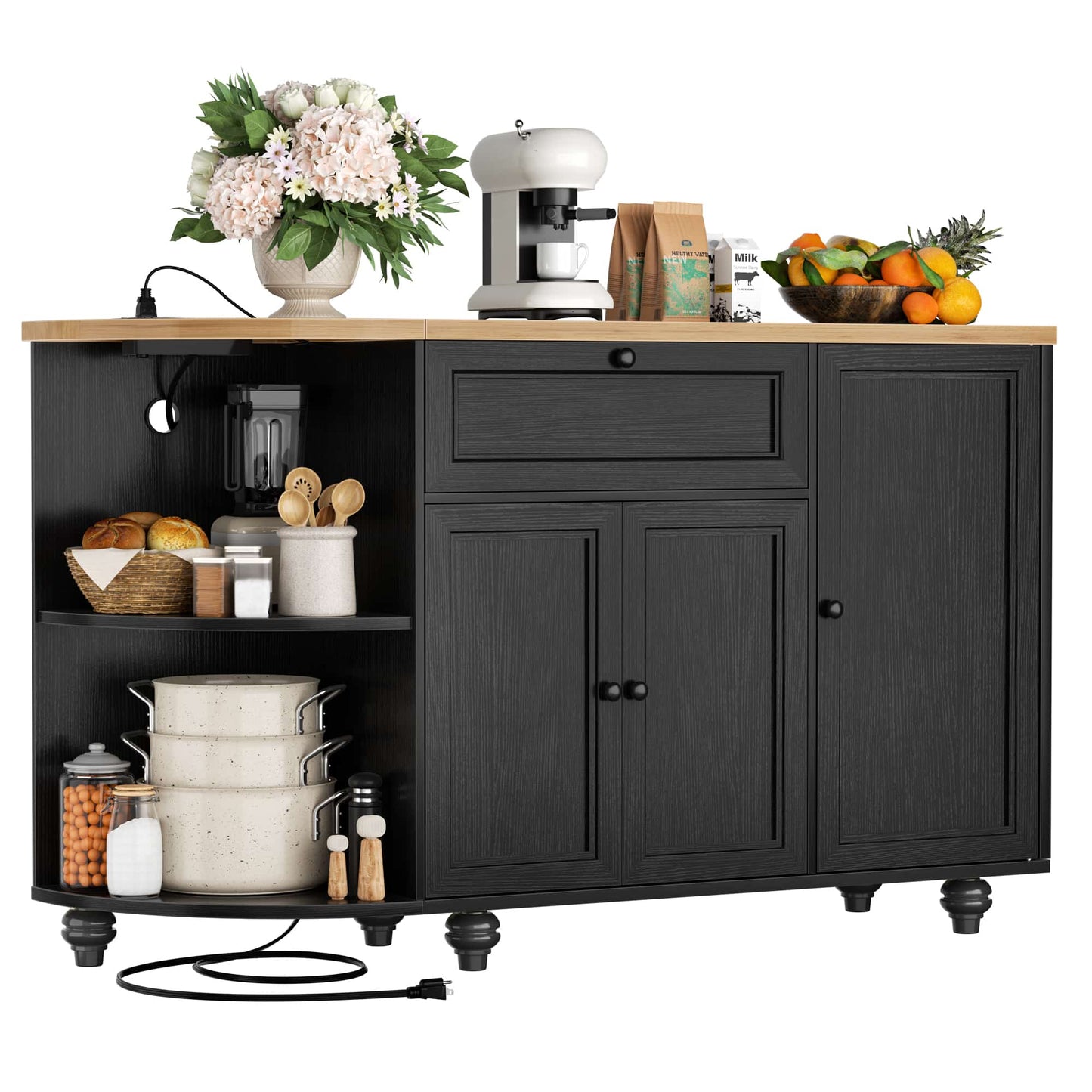 Kitchen Sideboard Cabinet Buffet Table with Power Outlets, 55"Coffee Bar Cabinet with Drawer, Wine Rack/Shelves