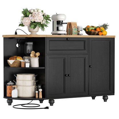 Kitchen Sideboard Cabinet Buffet Table with Power Outlets, 55"Coffee Bar Cabinet with Drawer, Wine Rack/Shelves
