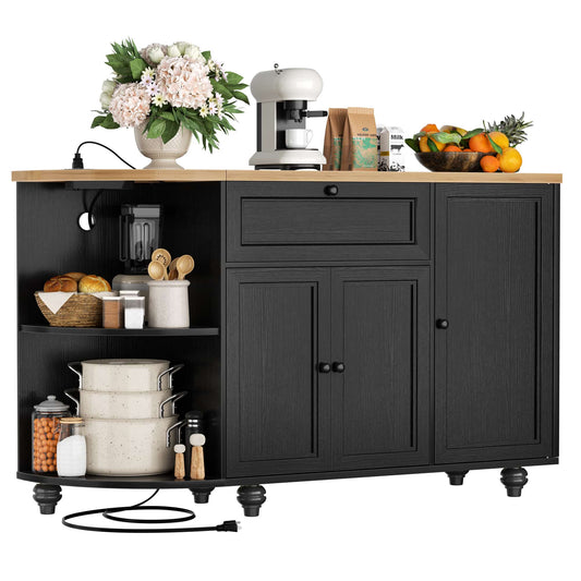 Kitchen Sideboard Cabinet Buffet Table with Power Outlets, 55"Coffee Bar Cabinet with Drawer, Wine Rack/Shelves