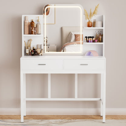 Vanity Desk with LED Lighted Mirror, Makeup Desk with 5 Storage Shelves & 2 Drawers, Vanity Table, Modern Dressing Table with 3 Color Lighting