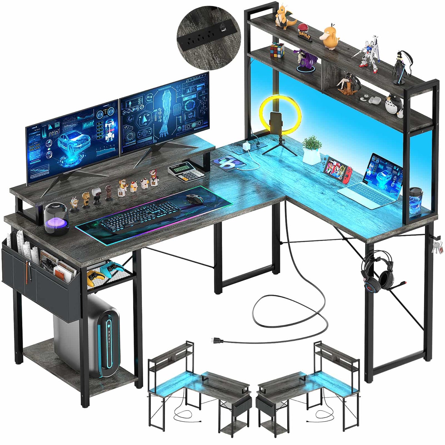 L Shaped Computer Desk with Power Outlets & LED Lights