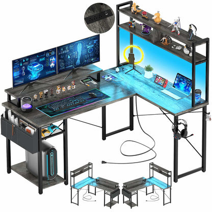 L Shaped Computer Desk with Power Outlets & LED Lights