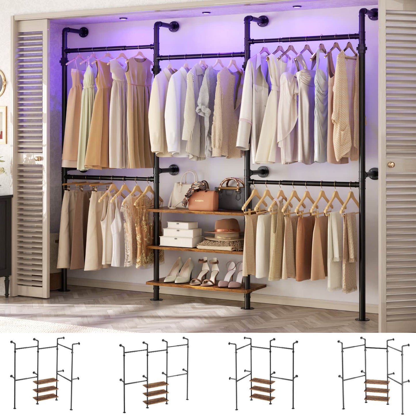 84"-128" Adjustable Metal Pipe Clothing Rack Wall-Mounted,Industrial Garment Rack with 3-Tier Wooden Shelves,Heavy-Duty 1000LBS Capacity