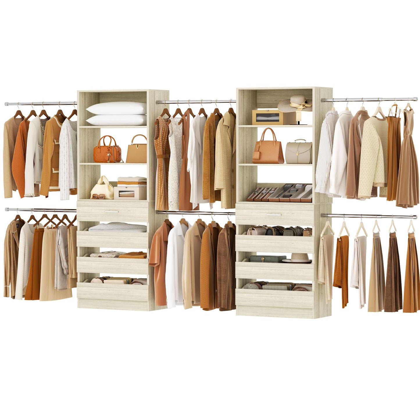 2-Pack Closet Organizer System: Dual 4-9Ft Adjustable Wardrobe Racks with 8 Wooden Drawers, Double Tower Storage, 8 Hanging Rods & Garment Racks ﻿