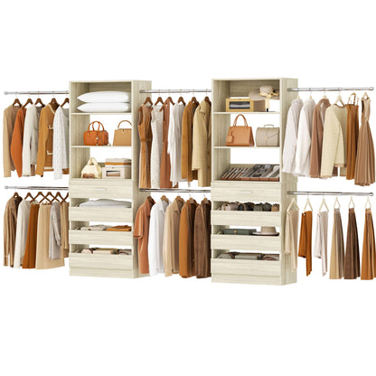 2-Pack Closet Organizer System: Dual 4-9Ft Adjustable Wardrobe Racks with 8 Wooden Drawers, Double Tower Storage, 8 Hanging Rods & Garment Racks ﻿