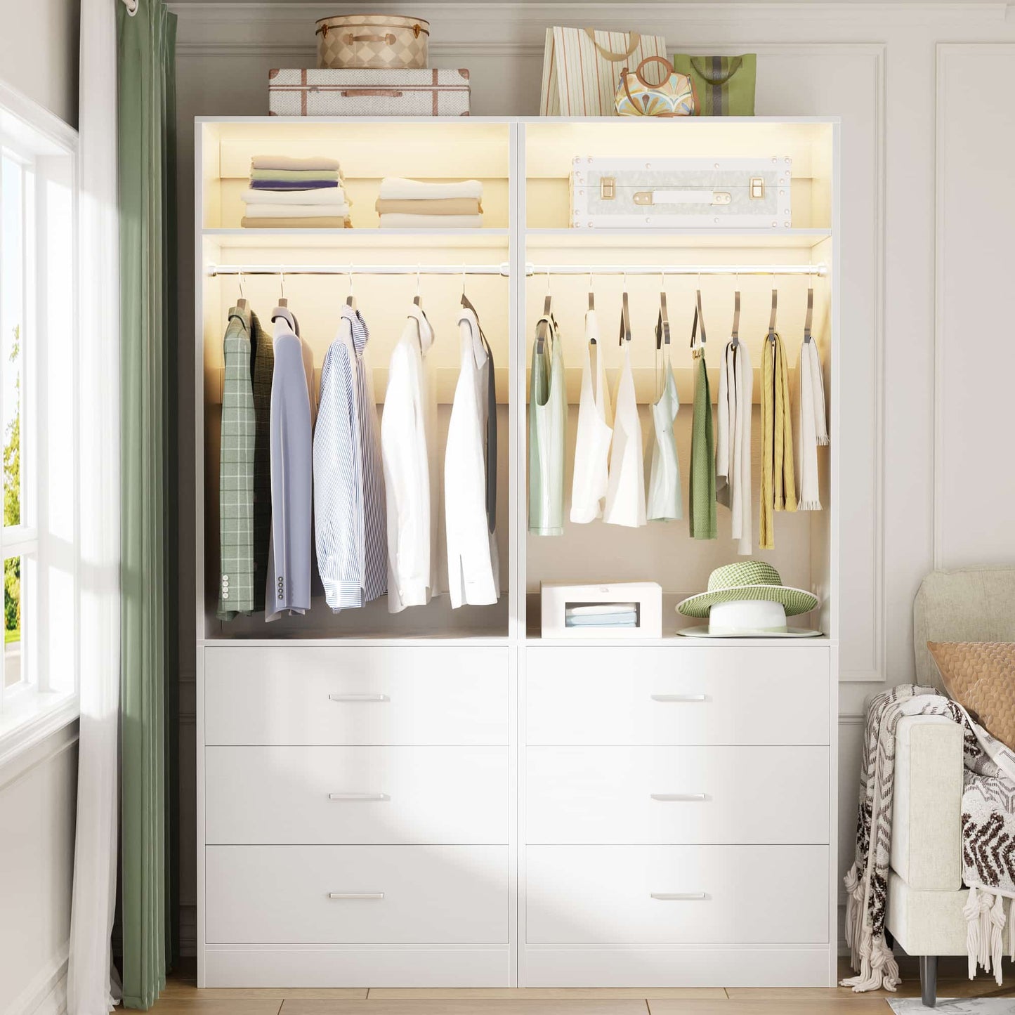 4FT (48 Inch) Closet Organizer System,Set of 2 - 6 Wood Drawers, 2 Hanging Rods & 2 Shelves