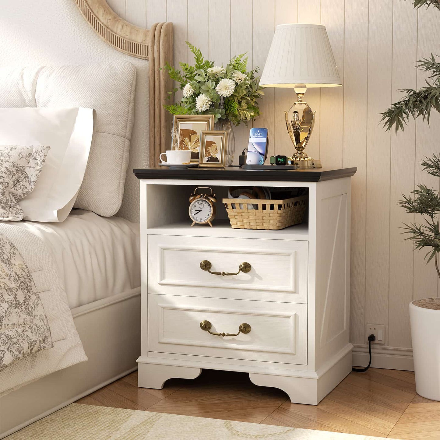 Nightstand with Charging Station -2 USB Ports, 3 AC Outlets, Farmhouse Rustic Wood End Table with 2 Drawers & Open Shelf