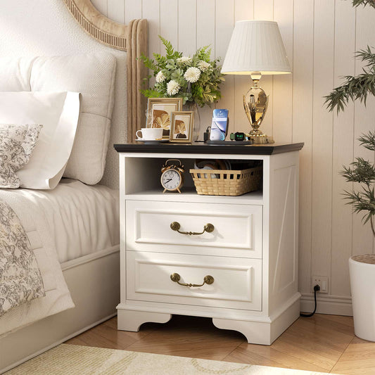 Nightstand with Charging Station -2 USB Ports, 3 AC Outlets, Farmhouse Rustic Wood End Table with 2 Drawers & Open Shelf