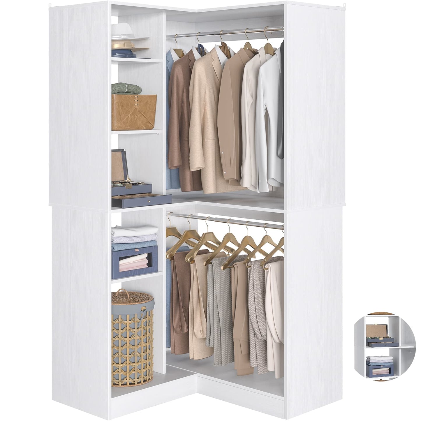 36" Corner Closet System - 2 Rods, Hutches, and 5 Shelves for Versatile Storage, Sturdy and Durable Design Armoire Closet Organizer