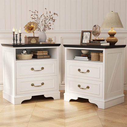 Set of 2 Nightstands with Charging Station, Farmhouse Rustic Bedside Tables with USB-C Ports, AC Outlets, Drawers & Open Shelf