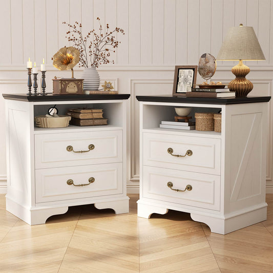 Set of 2 Nightstands with Charging Station, Farmhouse Rustic Bedside Tables with USB-C Ports, AC Outlets, Drawers & Open Shelf