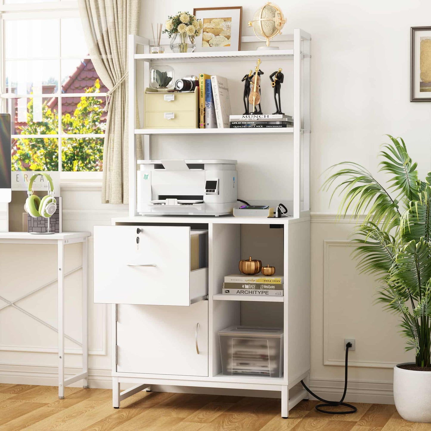 Vertical Filing Cabinet with Lock & Charging Station, Large Drawer Wood File Cabinet with Bookshelf, Printer Stand with Open Storage Shelf