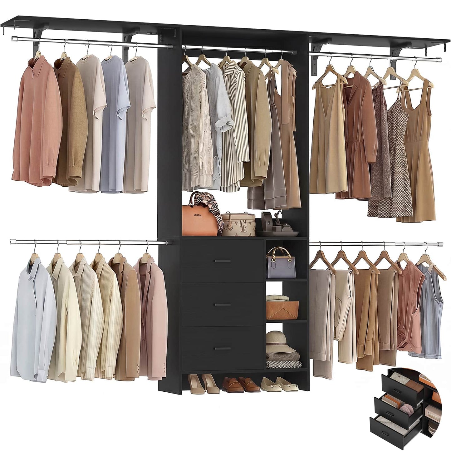 8FT Walk-in Armoire Closet Organizer with 3 Wooden Drawers & Hanging Rods, Adjustable Garment Rack for 5.3-9 ft Spaces,Wardrobe Storage Shelf