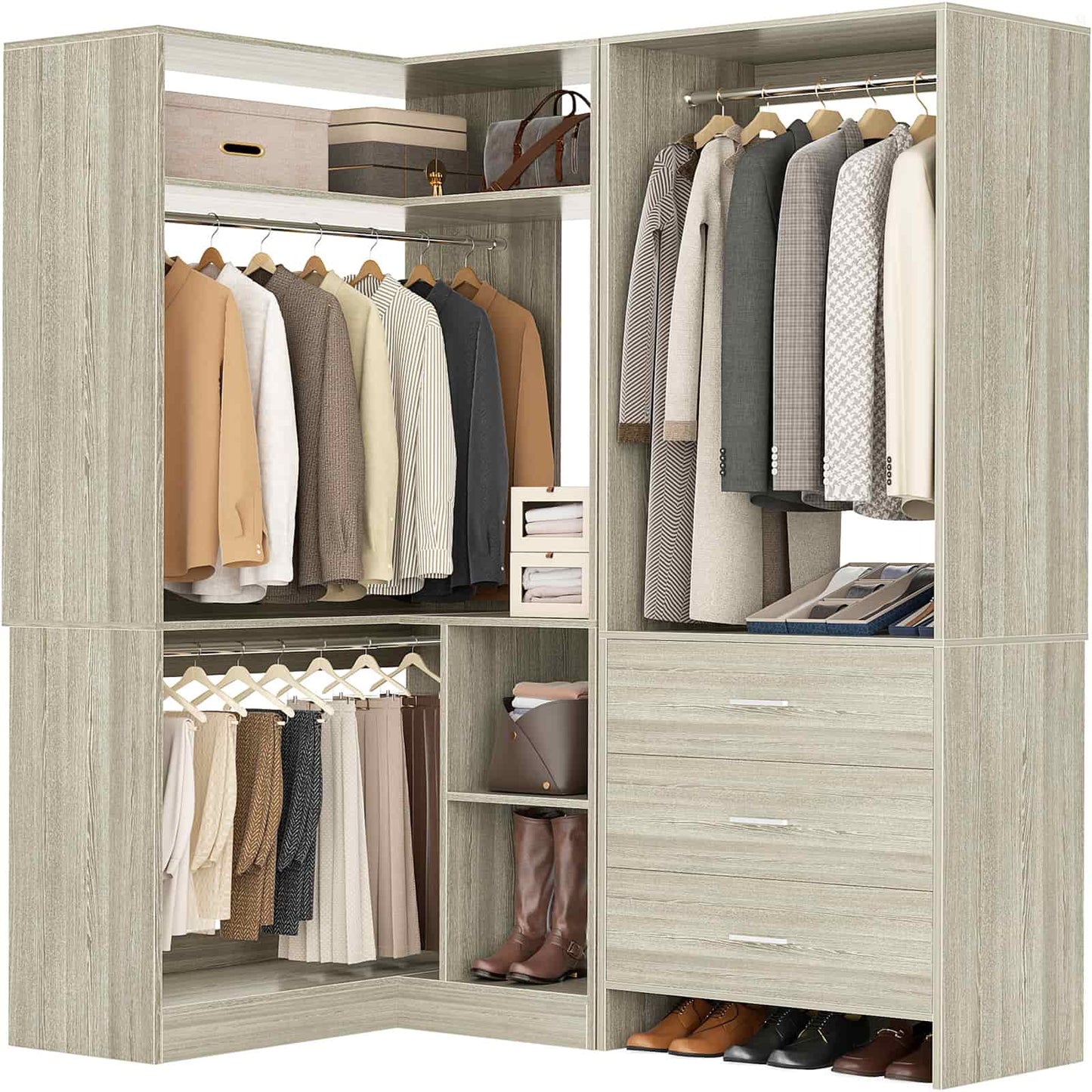 Closet System with 3 Drawers, 2 Hanging Rods & Corner Tower