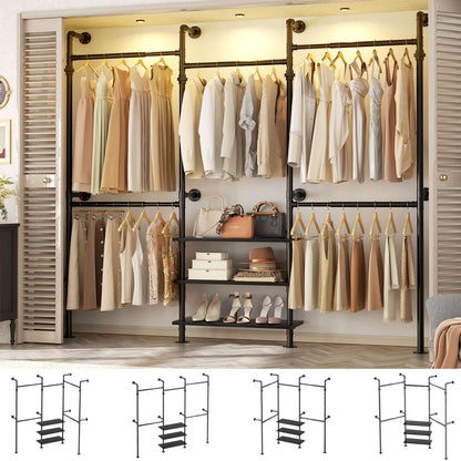 84"-128" Adjustable Metal Pipe Clothing Rack Wall-Mounted,Industrial Garment Rack with 3-Tier Wooden Shelves,Heavy-Duty 1000LBS Capacity