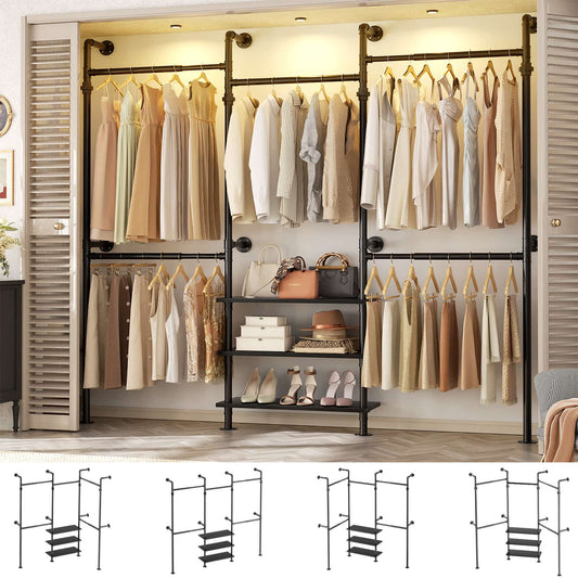 84"-128" Adjustable Metal Pipe Clothing Rack Wall-Mounted,Industrial Garment Rack with 3-Tier Wooden Shelves,Heavy-Duty 1000LBS Capacity