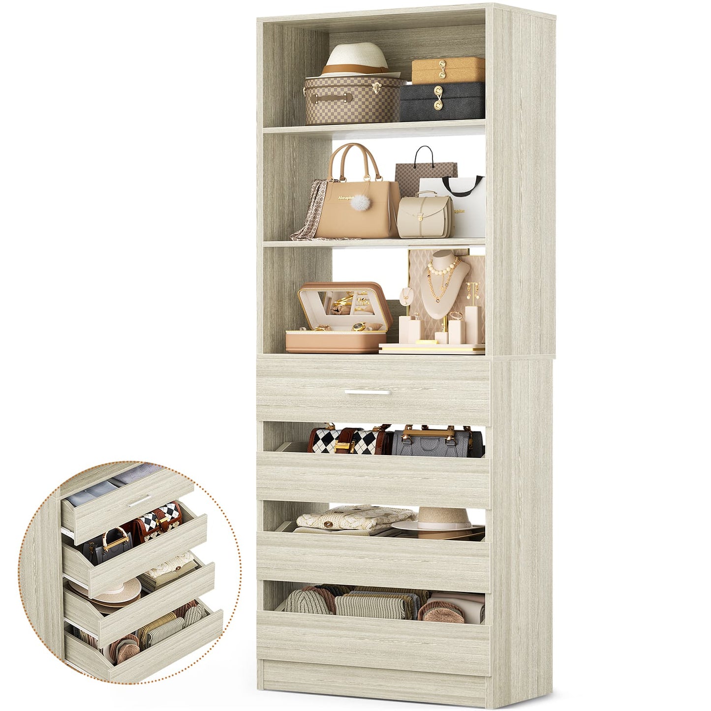 Space-Saving Modular Closet Organizer System with 4 Drawers & Adjustable Shelves - Wood Storage Cabinet