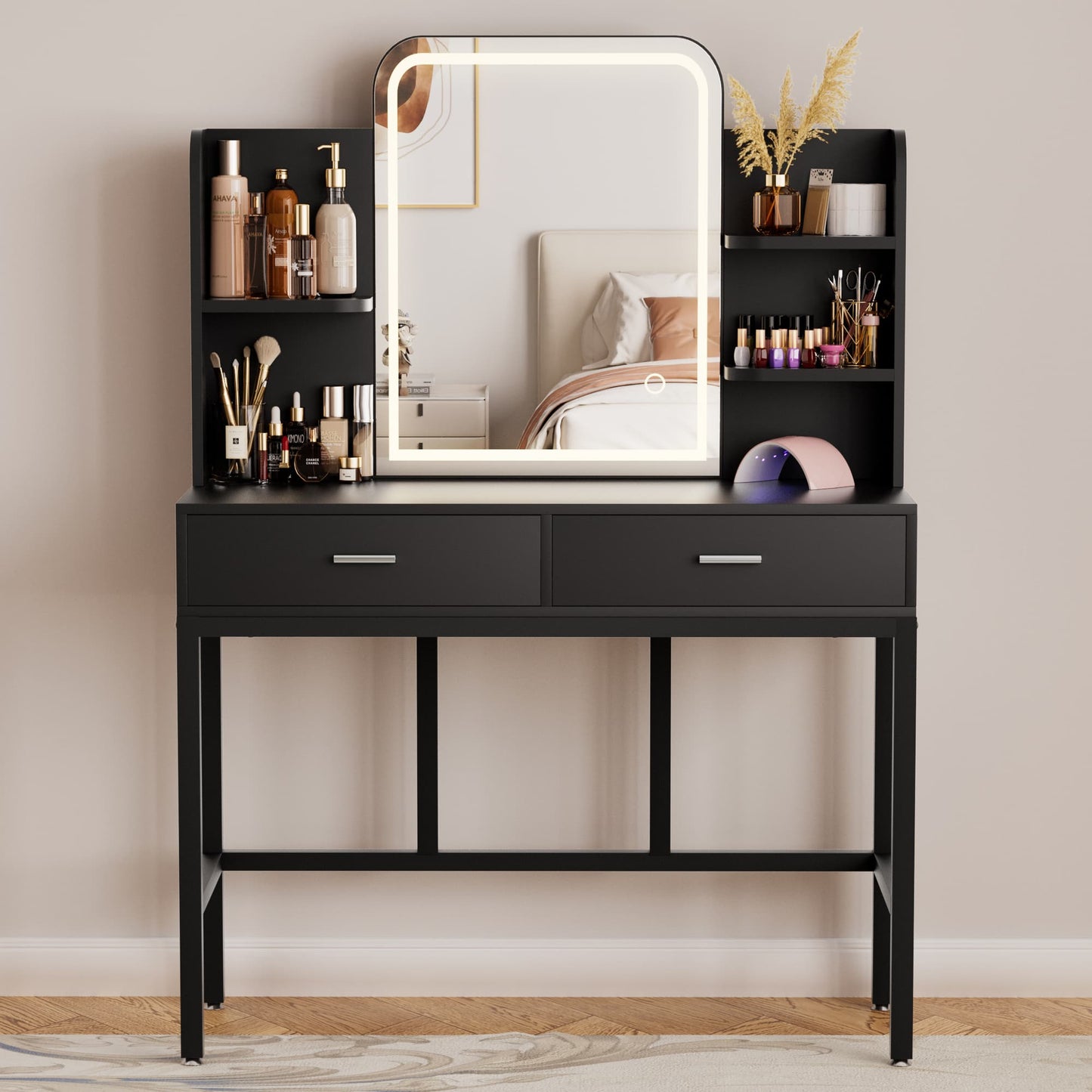 Vanity Desk with LED Lighted Mirror, Makeup Desk with 5 Storage Shelves & 2 Drawers, Vanity Table, Modern Dressing Table with 3 Color Lighting