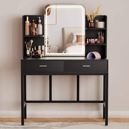 Vanity Desk with LED Lighted Mirror, Makeup Desk with 5 Storage Shelves & 2 Drawers, Vanity Table, Modern Dressing Table with 3 Color Lighting