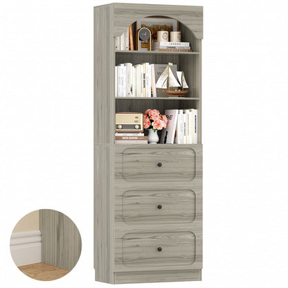 80" Tall Arched Bookcase with 3 Drawers & 3 Open Shelves - Wooden Storage Cabinet for Living Room, Kitchen