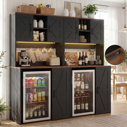 2-Piece Beverage Station Set - Mini Fridge Cabinet & Coffee Bar with Charging Hub, LED Light & Wine Storage