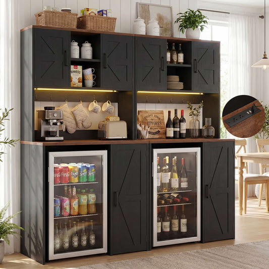 2-Piece Beverage Station Set - Mini Fridge Cabinet & Coffee Bar with Charging Hub, LED Light & Wine Storage