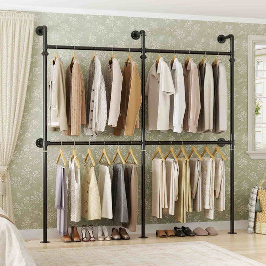 6.75FT Corner L-Shaped Wall Mounted Industrial Pipe Clothing Rack, Heavy Duty Reversible Wardrobe System for Walk-in Closets