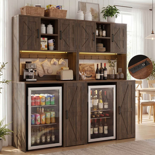 2-Piece Beverage Station Set - Mini Fridge Cabinet & Coffee Bar with Charging Hub, LED Light & Wine Storage
