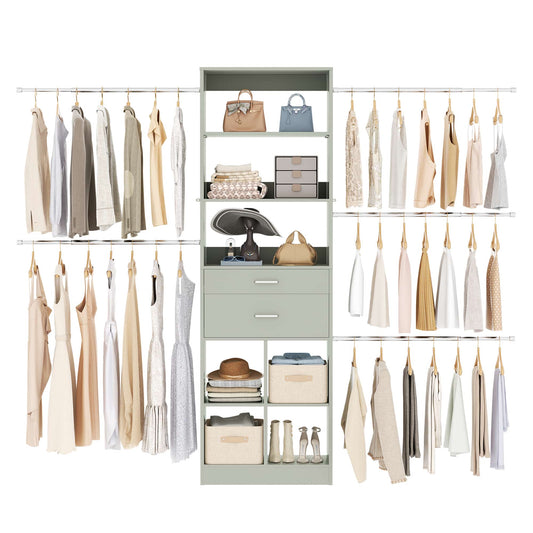 4-8 FT Walk-in Closet Organizer Tower, 2 Wooden Drawers + 5 Hang Rods, Built-in Shelves, Fit 60-96'' Closet Systems