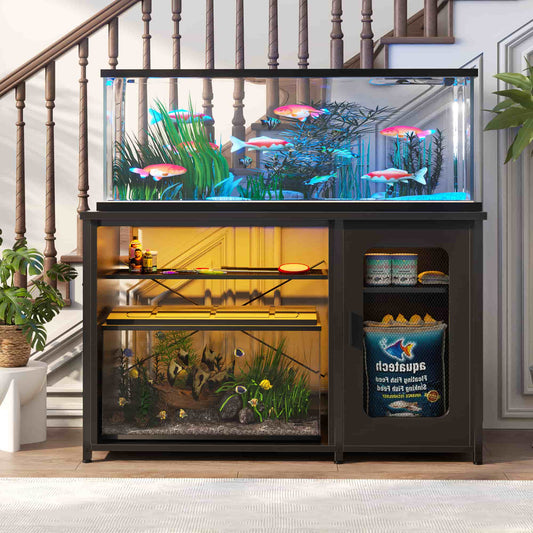 Heavy Duty 55-75 Gallon Aquarium Stand with Power Outlets, LED Light & Storage Cabinet - Reversible Metal Fish Tank Stand, 880LBS Capacity