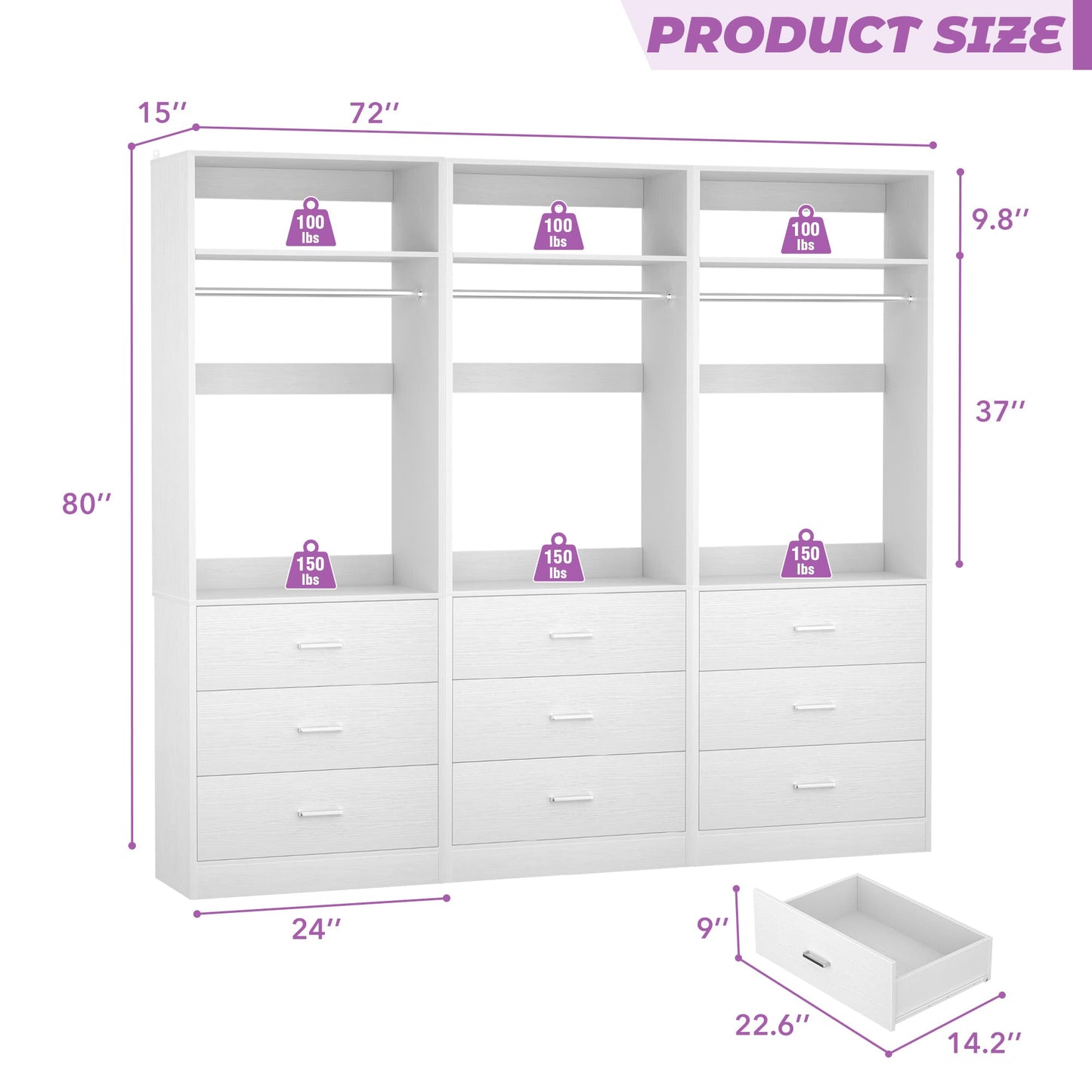 Freestanding Closet System Set - 3-Pack with 3 Wood Drawers Each,With Hanging Rod & Shelves, 24"L x 15"W x 80"H