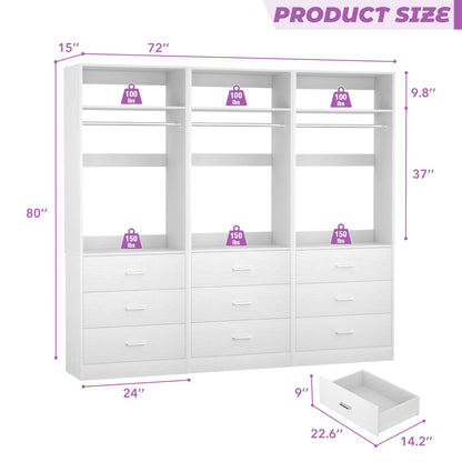 Freestanding Closet System Set - 3-Pack with 3 Wood Drawers Each,With Hanging Rod & Shelves, 24"L x 15"W x 80"H