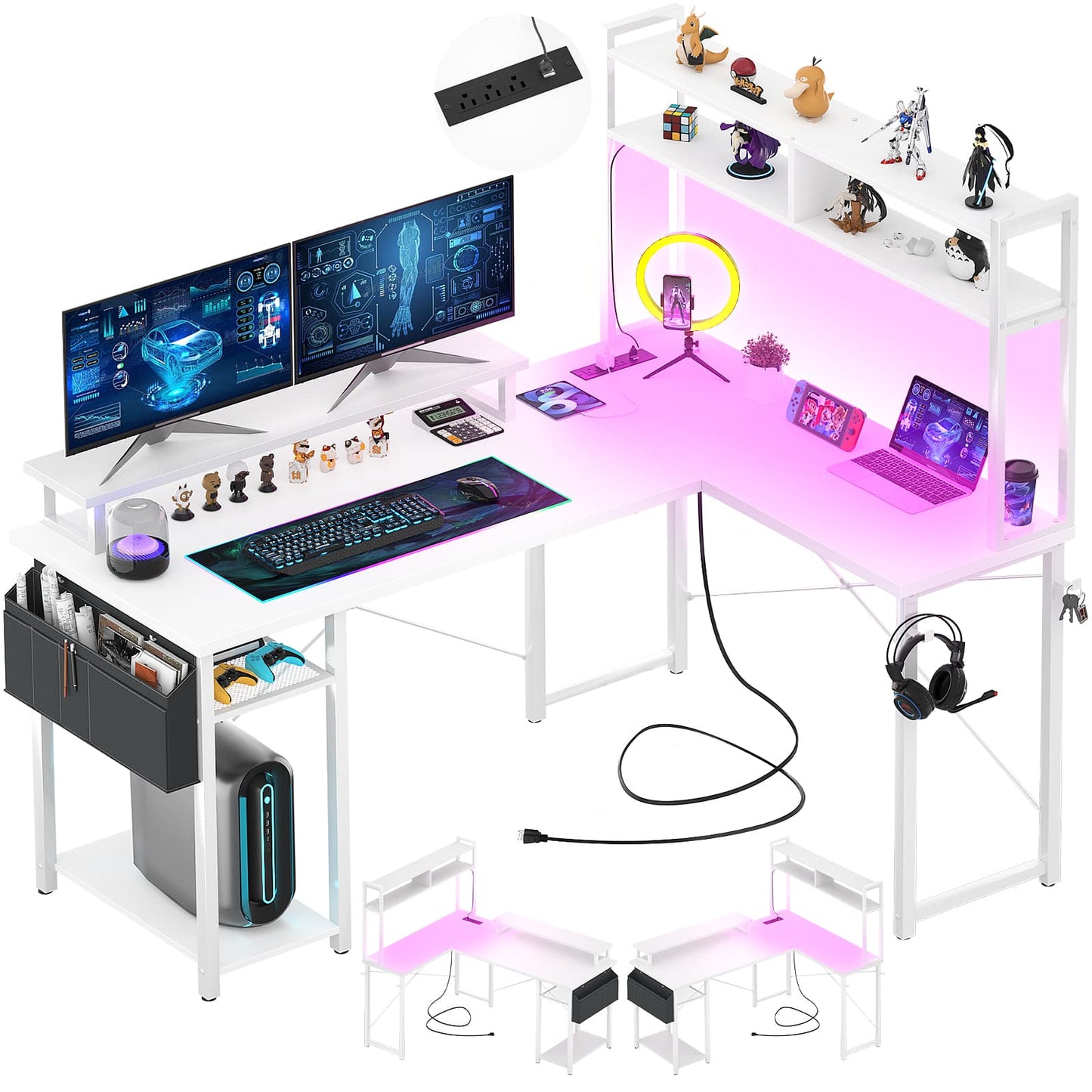 L Shaped Computer Desk with Power Outlets & LED Lights