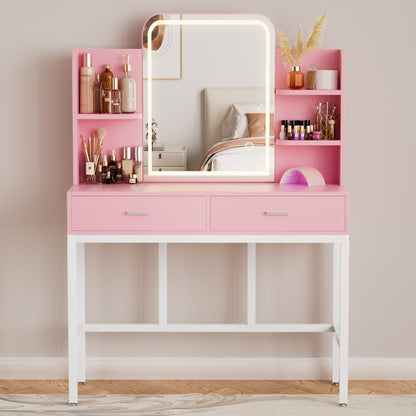 Vanity Desk with LED Lighted Mirror, Makeup Desk with 5 Storage Shelves & 2 Drawers, Vanity Table, Modern Dressing Table with 3 Color Lighting