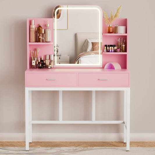 Vanity Desk with LED Lighted Mirror, Makeup Desk with 5 Storage Shelves & 2 Drawers, Vanity Table, Modern Dressing Table with 3 Color Lighting