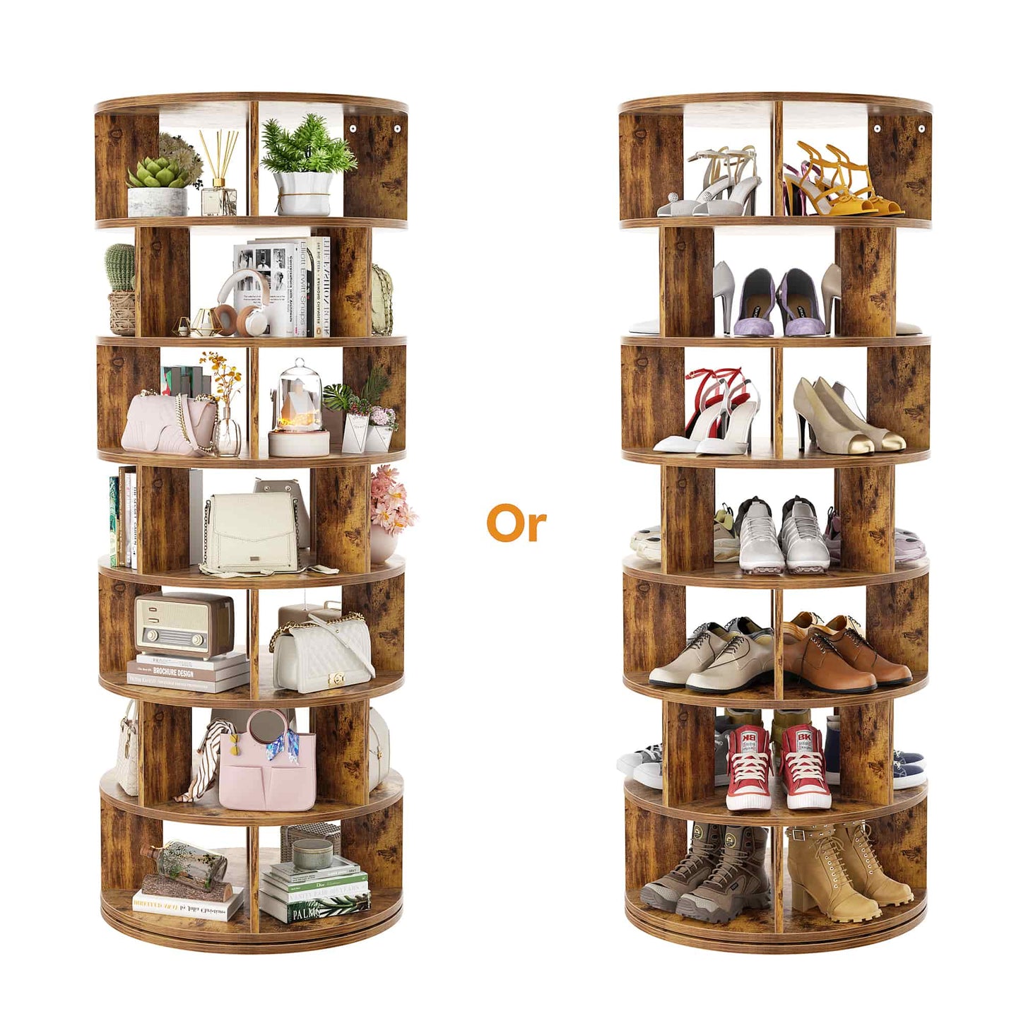 7-Tier Spinning Shoe Rack Tower, 360 Revolving wooden Shoe Rack, 60'' for shoes ,bags, Display Lazy Susan ,Storage Carousel