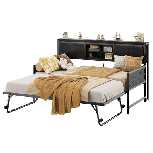 Twin Size Daybed with Trundle, Daybed with Charging Station & Storage Headboard, Heavy Duty Metal Sofa Bed Frame with Pop-up Trundle