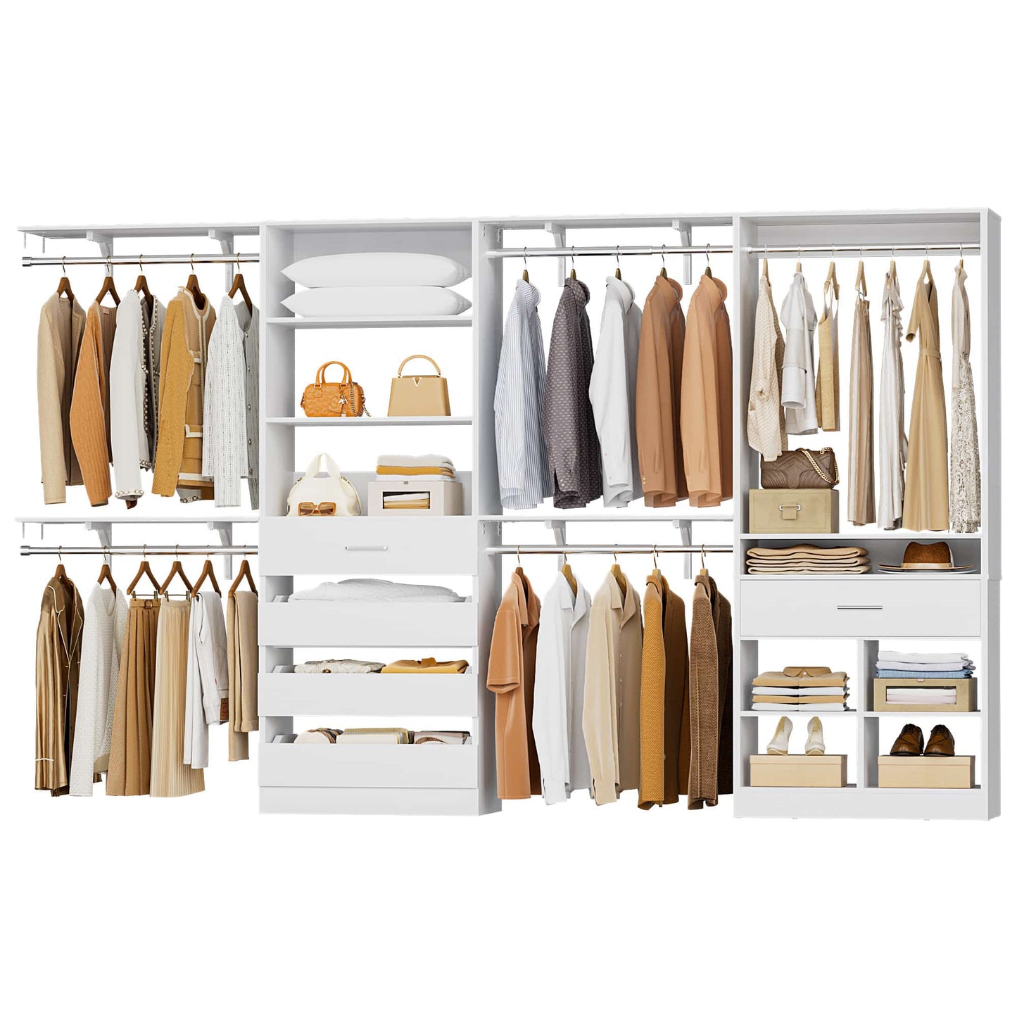 Walk-in Closet Organizer System set with 5 Wooden Drawers and 4 Hanging Rods, 4 Cubby Storage & Shelves, Space-Saving Tower Wardrobe