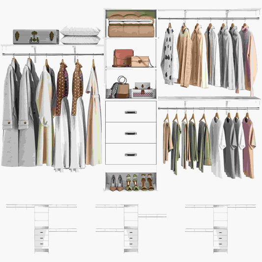 120'' W Closet System with Drawers, Closet Organizer with 3 Shelving Towers