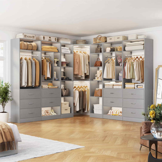 Complete Corner & Straight Closet Organizer Suite:1 Corner Shelf Unit + 4 Tower Systems ( 4-Drawer+ 6-Drawer Options)
