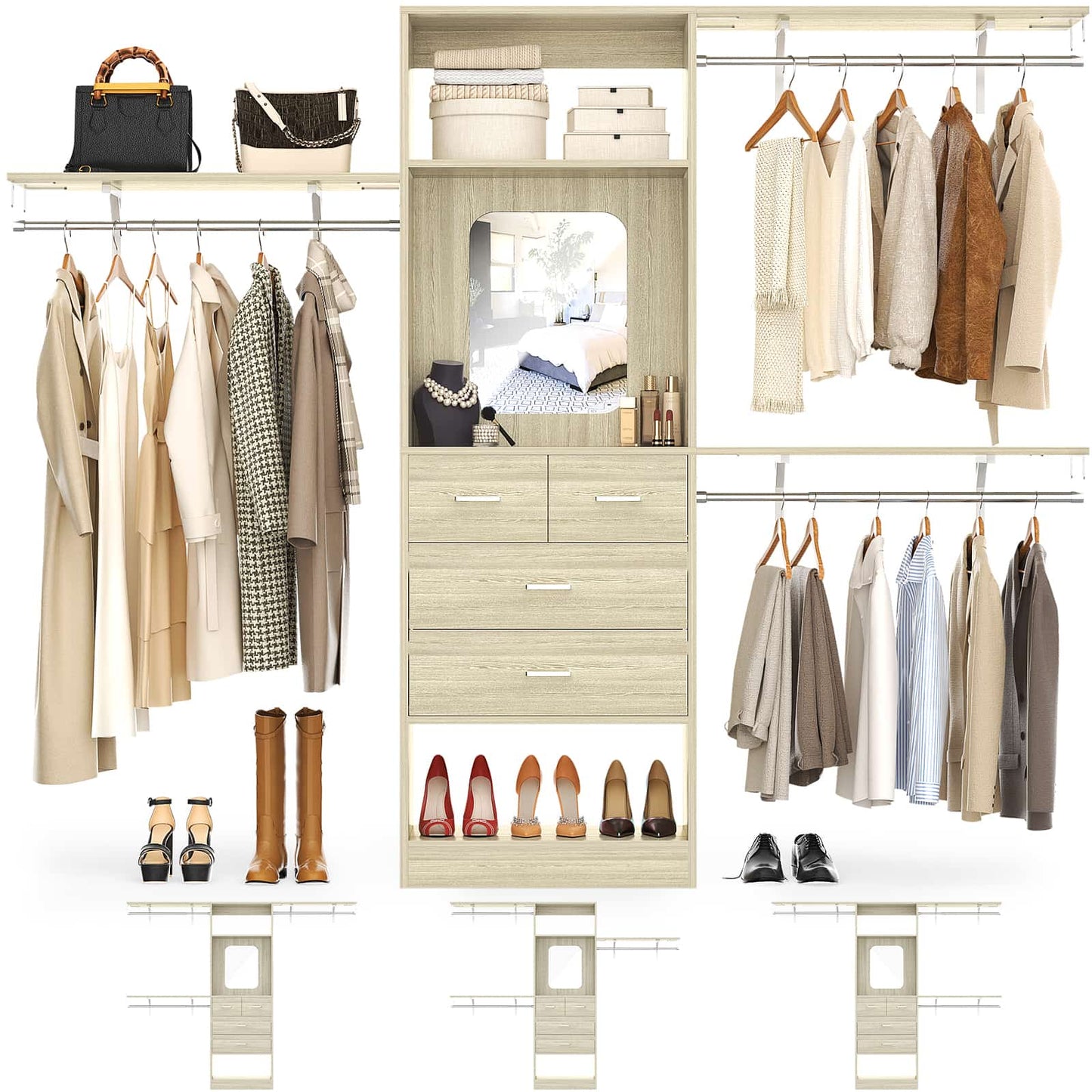 8FT Walk in Closet Organizer with 3 Hanging rods and Shelves