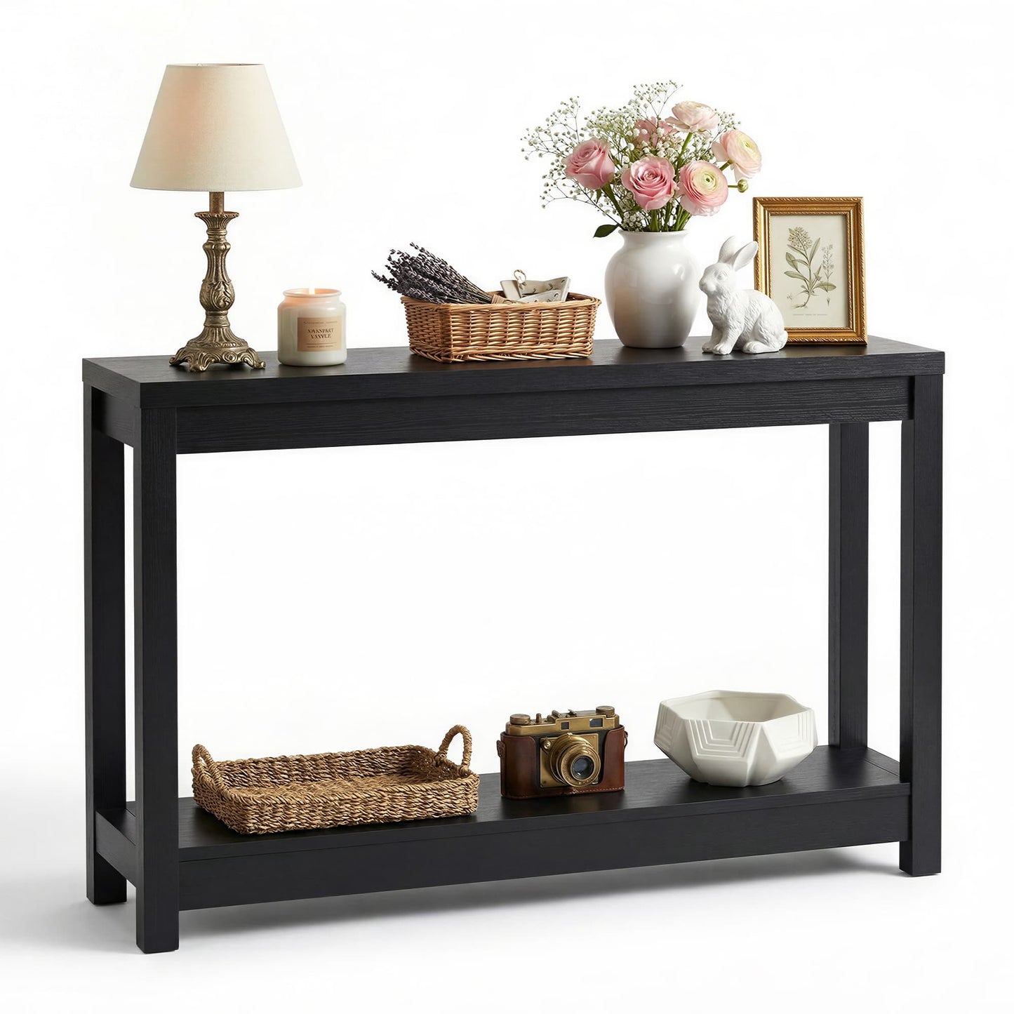 47" Farmhouse Wood Narrow Console Table with Open Storage Shelves: Entryway/Sofa Table, Easy Assembly, Embossed Wood