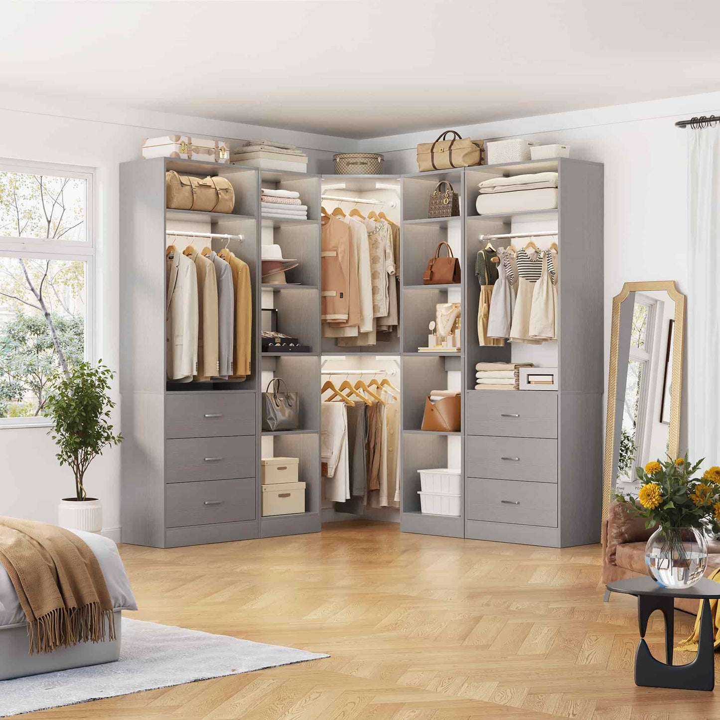 87.2" Freestanding Closet Organizer System - Modular L-Shaped Design,Reversible, 6 Drawers & 4 Hanging Rods, 2000+ LBS Capacity,3 Sets