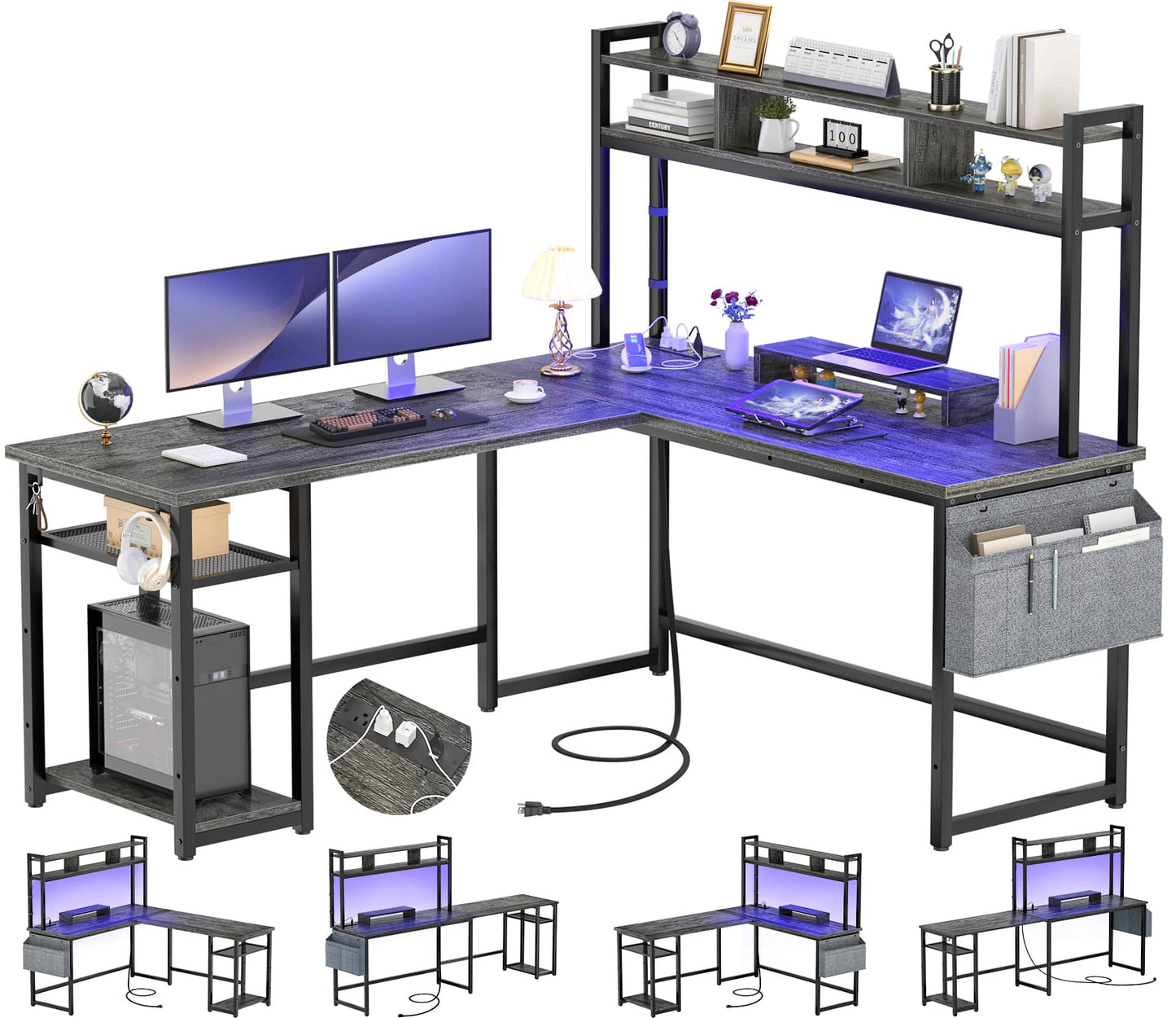 L Shaped Desk with Power Outlet, LED Strip, Storage Shelf