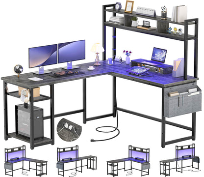 L Shaped Desk with Power Outlet, LED Strip, Storage Shelf