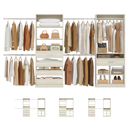 Freestanding Wardrobe Closet sets with 5 Wooden Drawers & 4 Hanging Rods, Cubby Storage & Tower Design